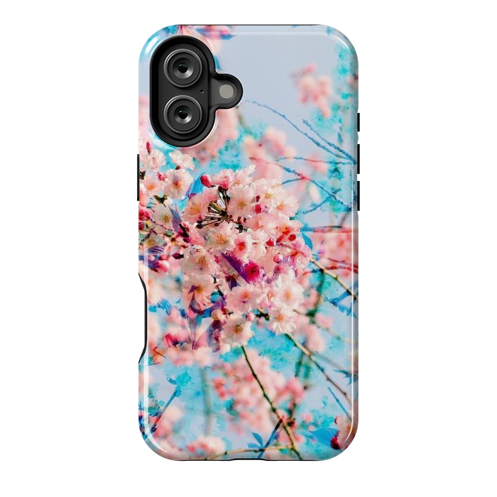 iPhone 16 Plus StrongFit Pink cherry blossom tree on baby blue background by Oana 